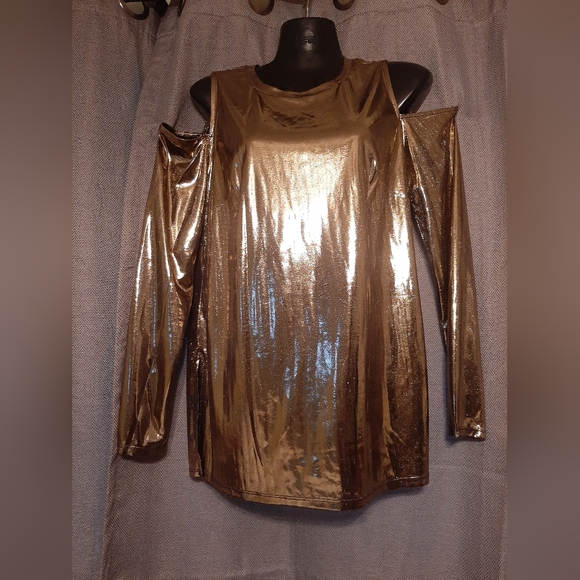 Michael Kors Slick Foil Cold Shoulder Long Sleeve Metallic Liquid Gold Top M - Picture 2 of 11